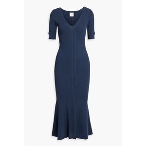 Herve Leger The Aria Dress Medium Nocturne Blue Ribbed Knit V-Neck Midi Bodycon